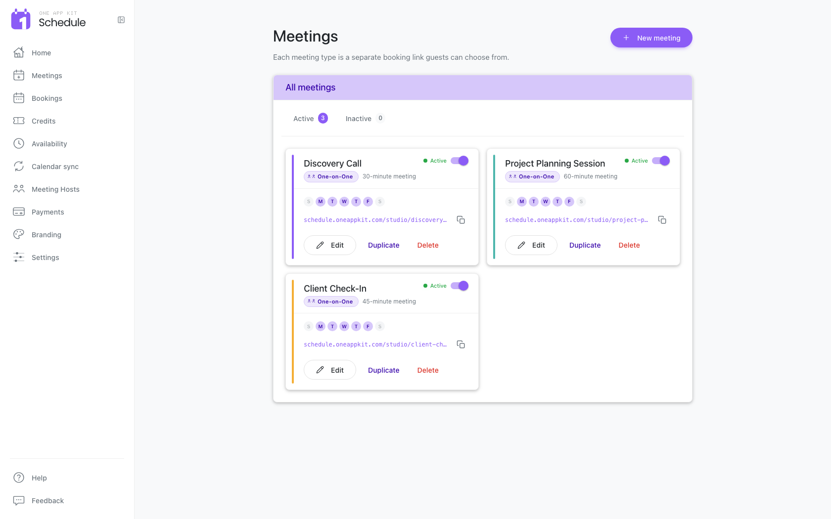 OneAppKit Schedule Meetings dashboard showing active meeting types and booking links